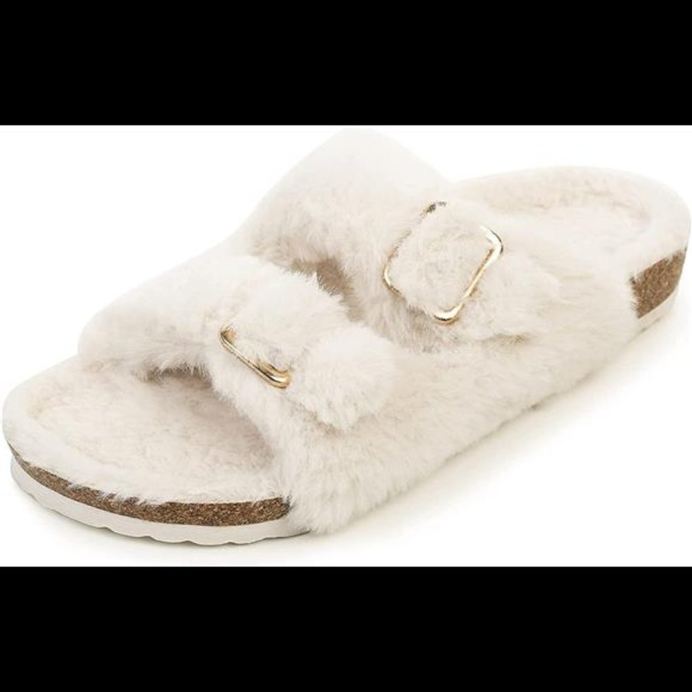 Womens Open Toe Slipper with Cozy Lining,Faux Rabbit Fur Cork Slide Sandals - Picture 2 of 5